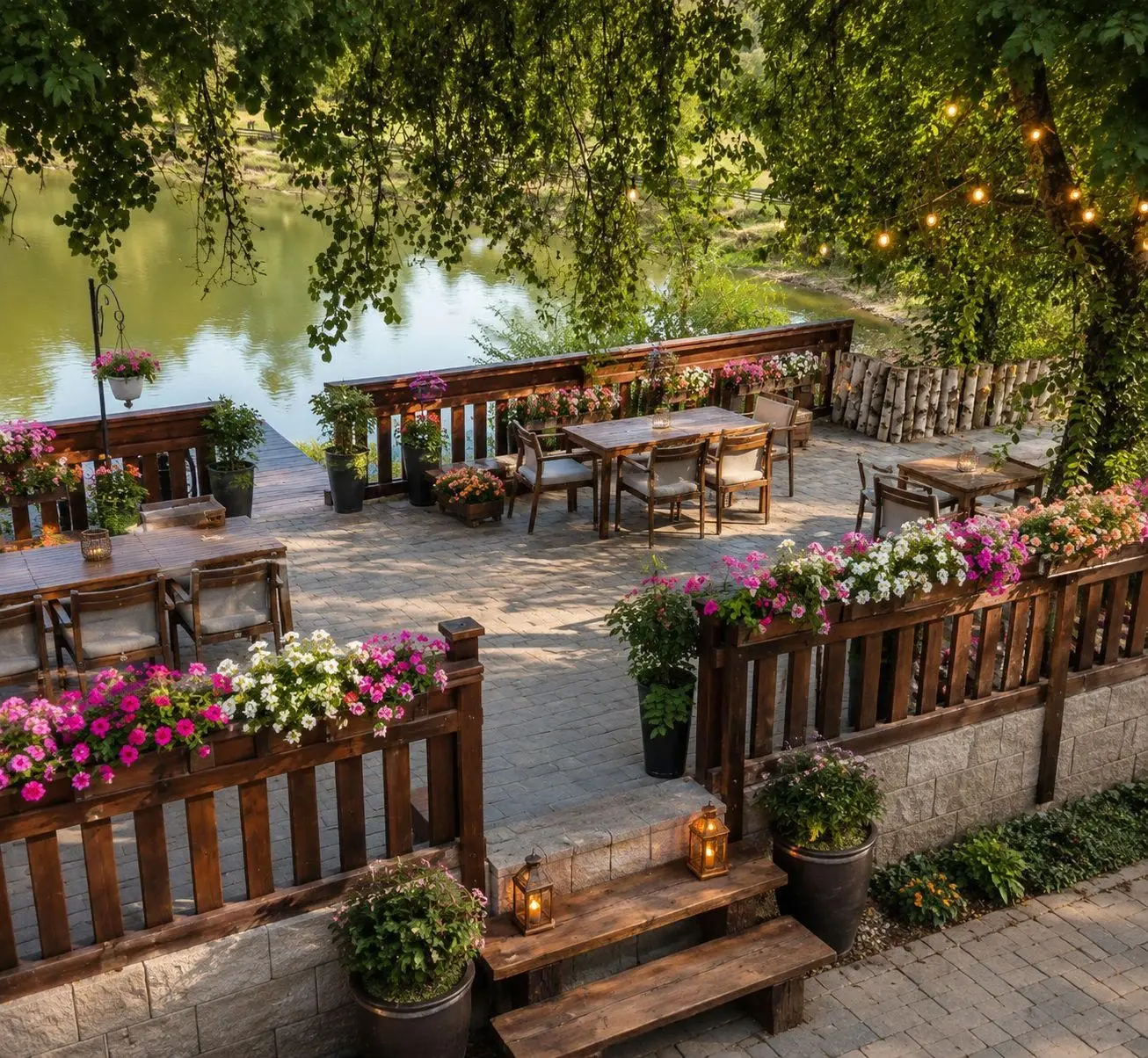The restaurant terrace beside the lake, its tables laid and flowers along the railings
